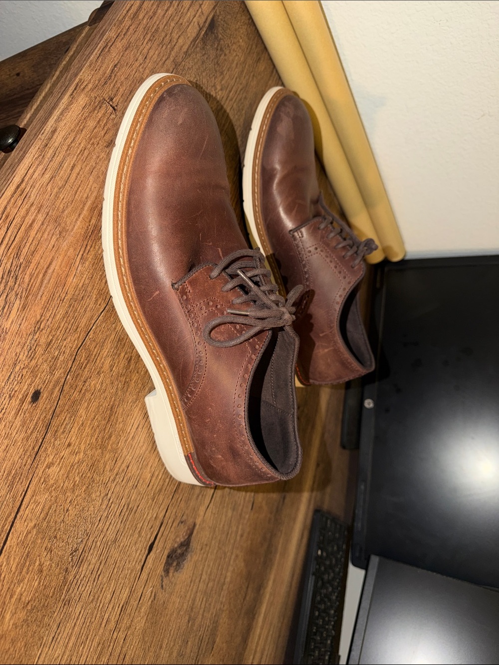 Cole Haan Brown Leather Derby Shoes with White Sole